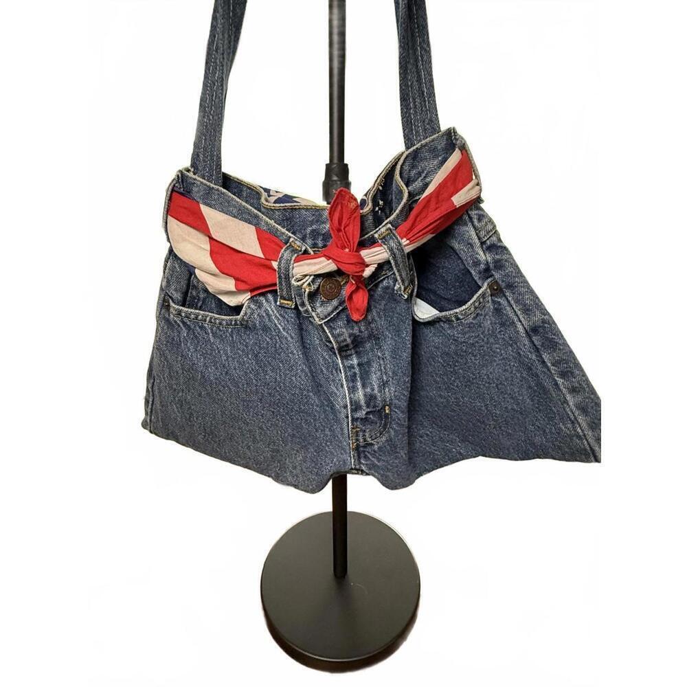 Vintage Bag Y2K 90's Faded Glory Tote Bag Denim Jeans USA Flag Scarf Purse